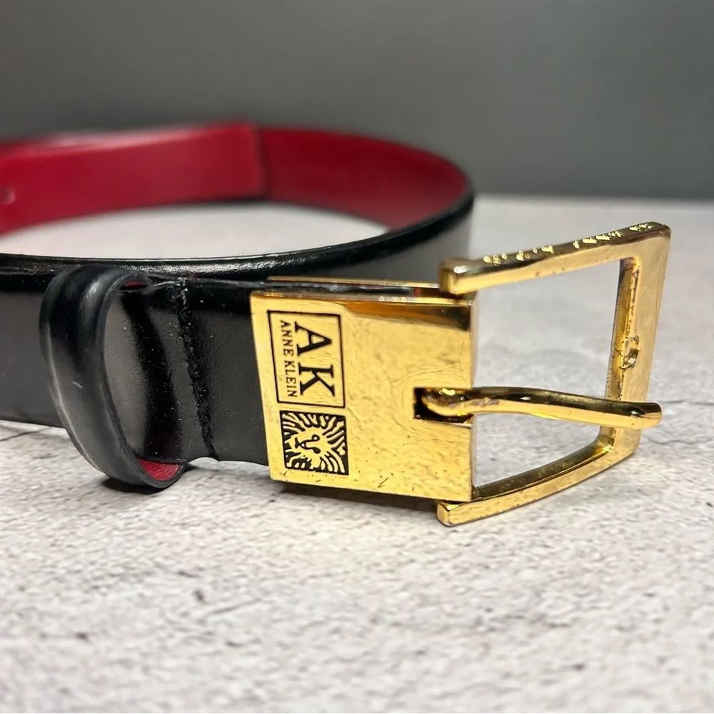 Anne Klein Genuine Leather Black and Red Belt with Gold Buckle